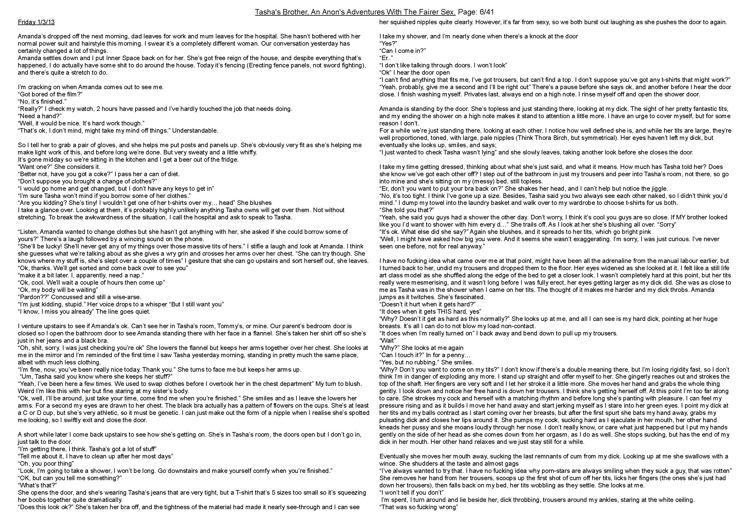 Anon's sister comes into the shower with him. Anon's meets her friend, and discovers family secrets.